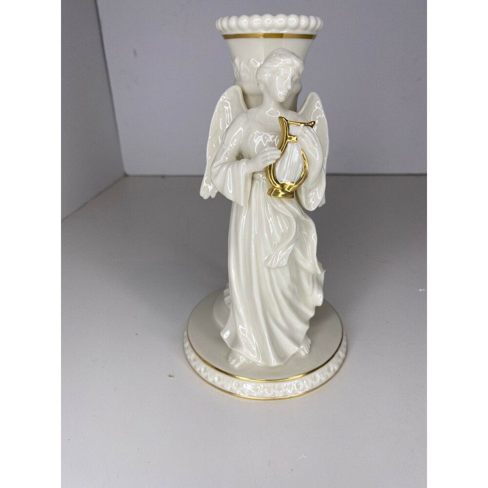 Lenox Porcelain White Angel With Harp Candle Stick Holder And Gold Accents 6.75 - Picture 2 of 7
